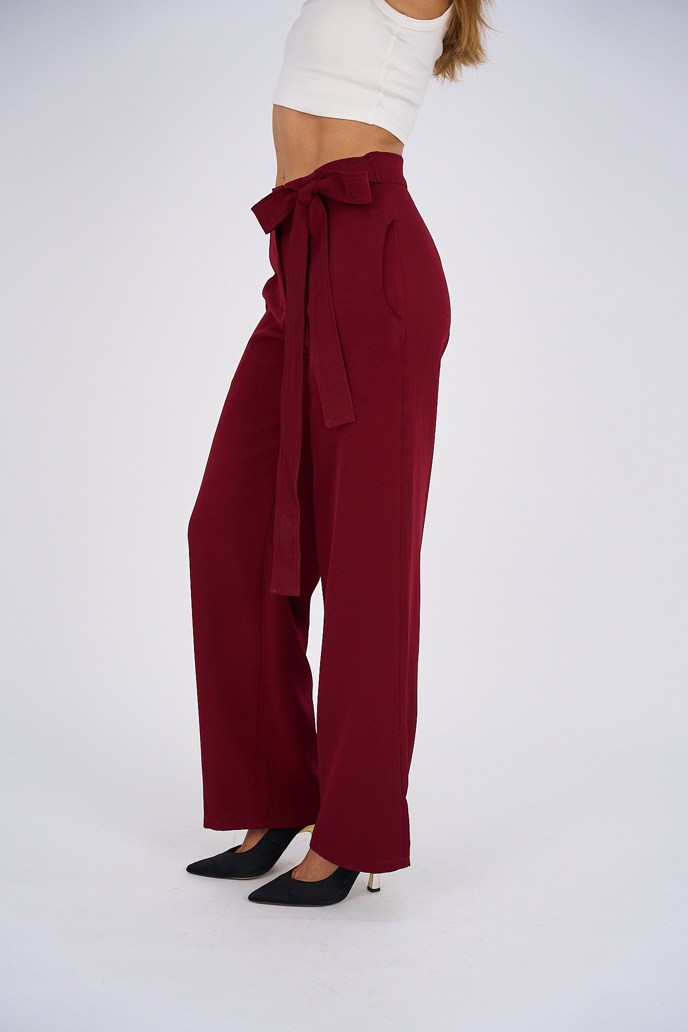 Belted Wide Leg Pants - Burgundy