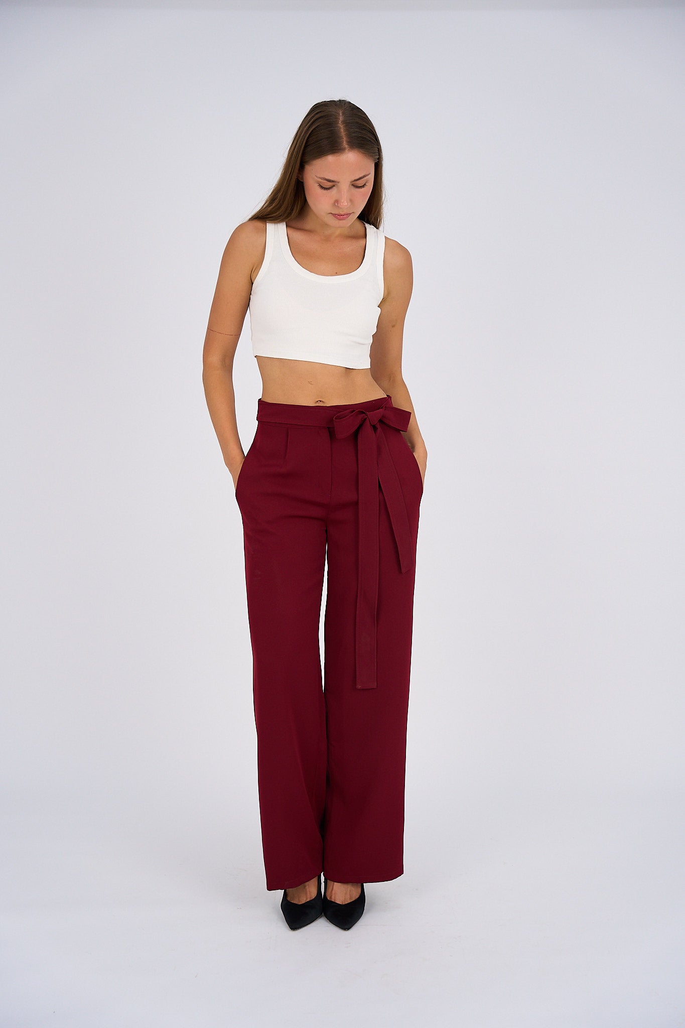 Belted Wide Leg Pants - Burgundy