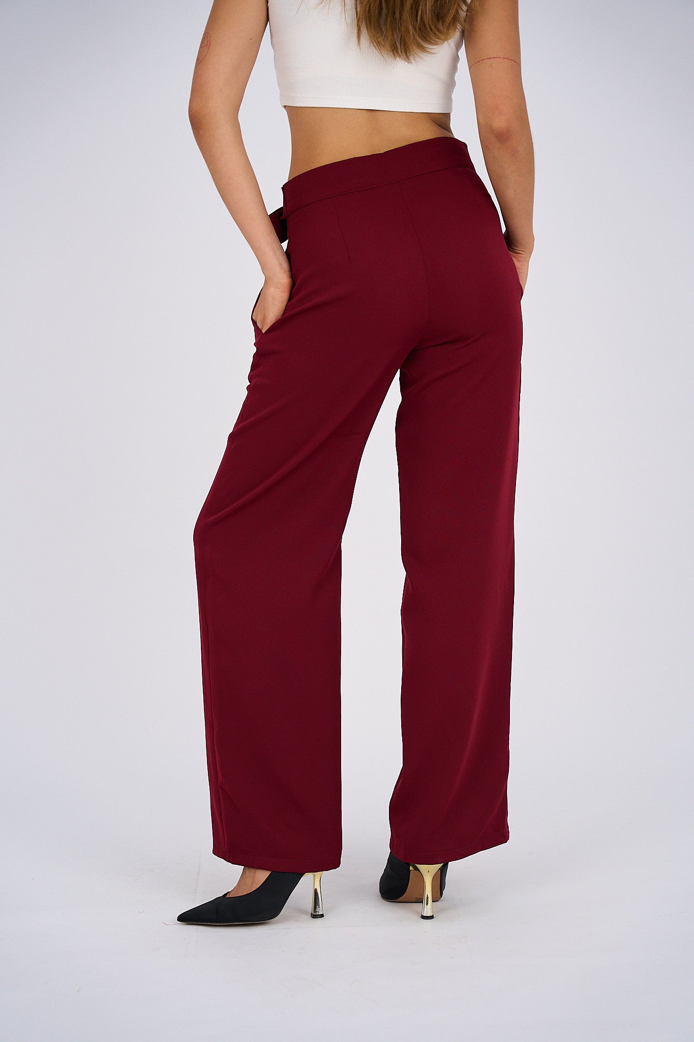Belted Wide Leg Pants - Burgundy