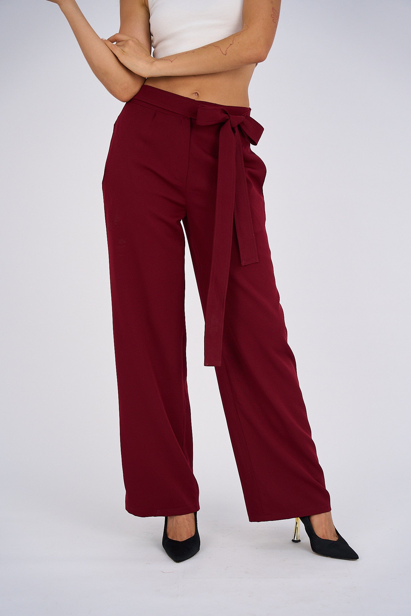 Belted Wide Leg Pants - Burgundy