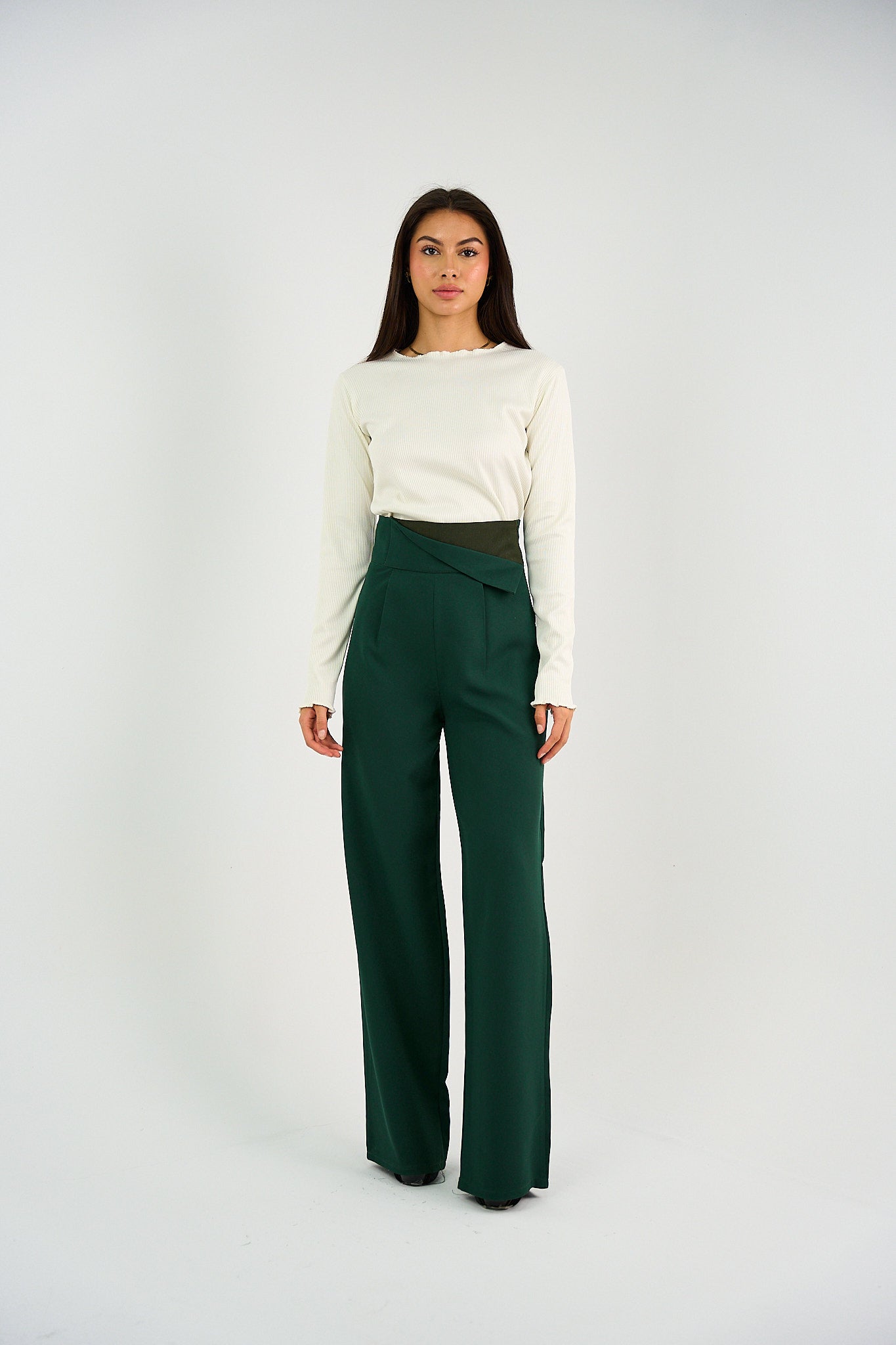 Striped Waistband High Waist Trouser - Green