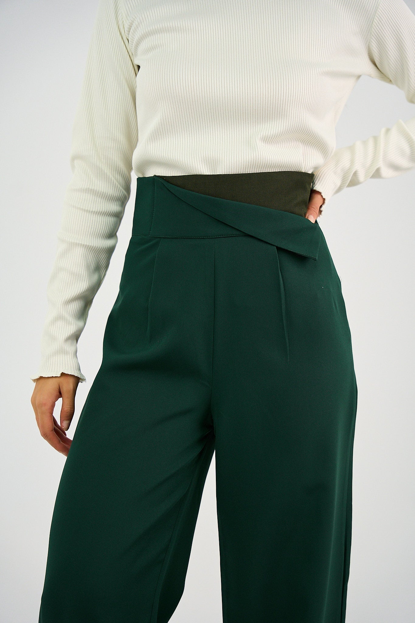 Striped Waistband High Waist Trouser - Green