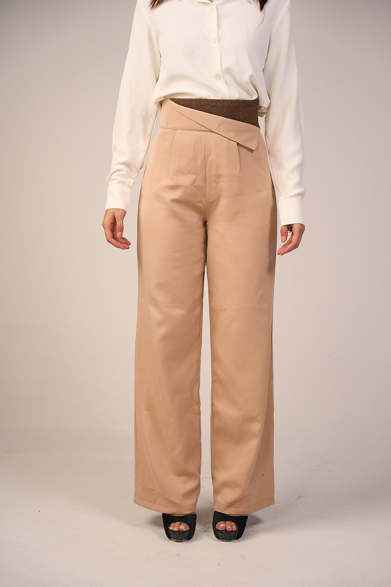 Striped Waistband High Waist Trouser - Beige