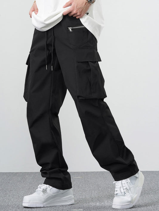 Manfinity Hypemode Loose Men'S Cargo Pants with Drawstring Waist Baggy Long Plain Black Going Out, Back to School