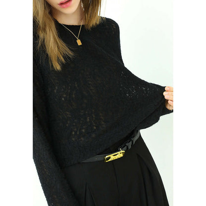 3D Hollow-out Jacquard Black Knit Top