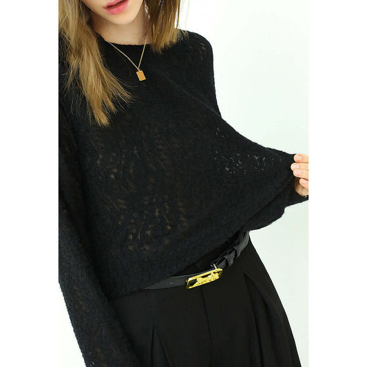 3D Hollow-out Jacquard Black Knit Top