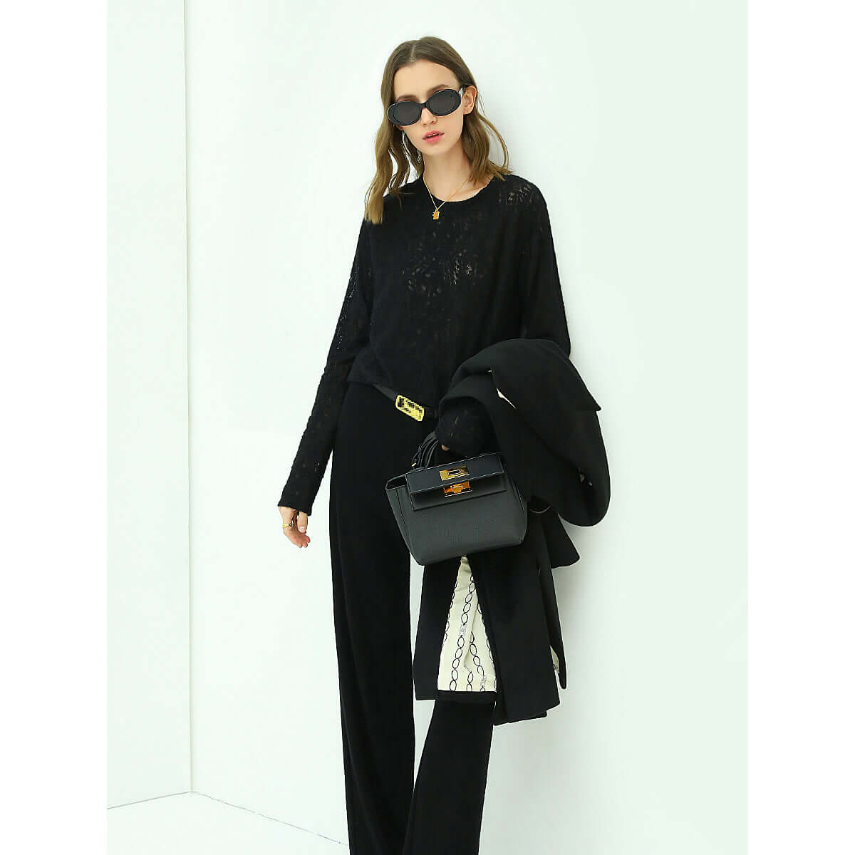 3D Hollow-out Jacquard Black Knit Top