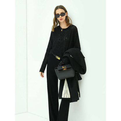 3D Hollow-out Jacquard Black Knit Top