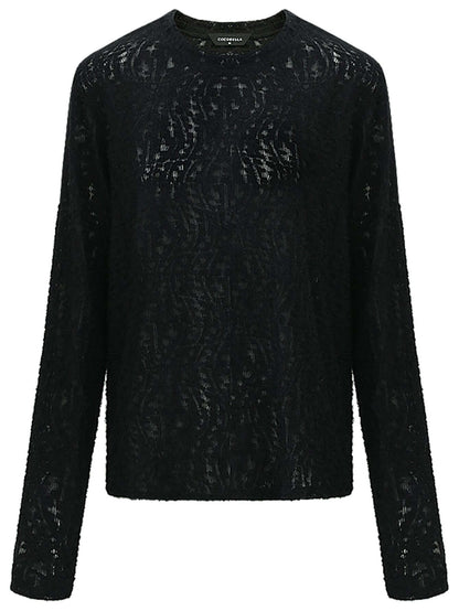 3D Hollow-out Jacquard Black Knit Top