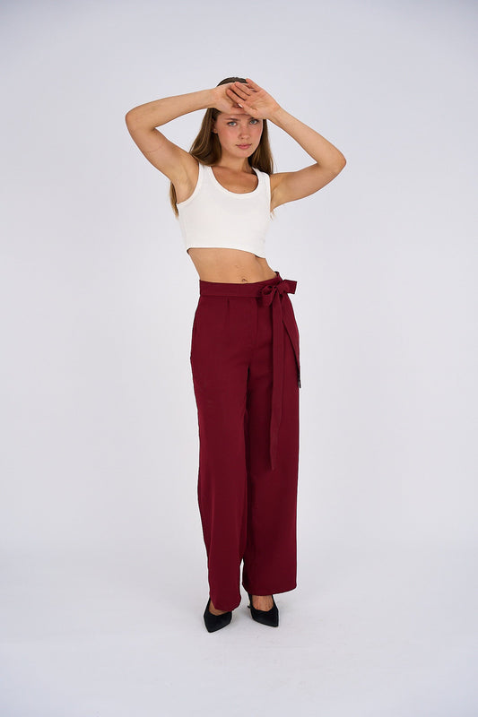 Belted Wide Leg Pants - Burgundy