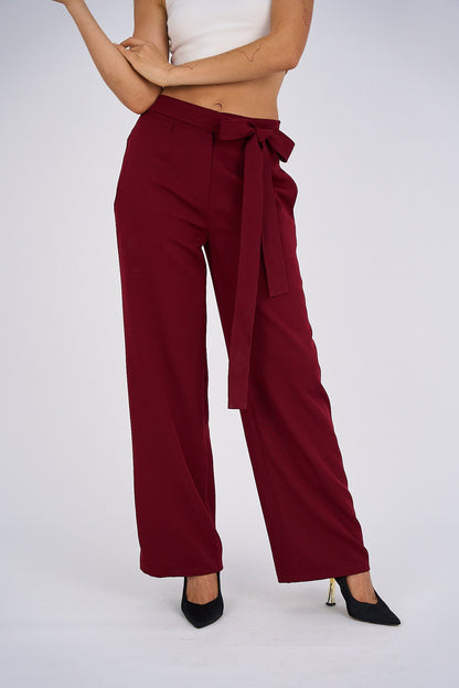Belted Wide Leg Pants - Burgundy