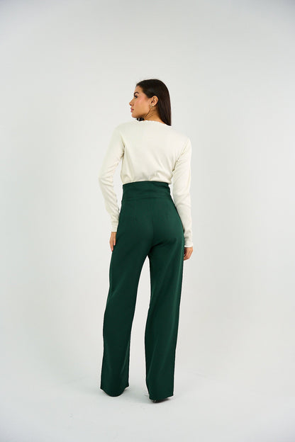 Striped Waistband High Waist Trouser - Green