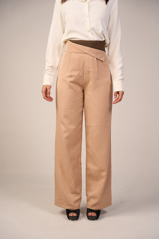 Striped Waistband High Waist Trouser - Beige