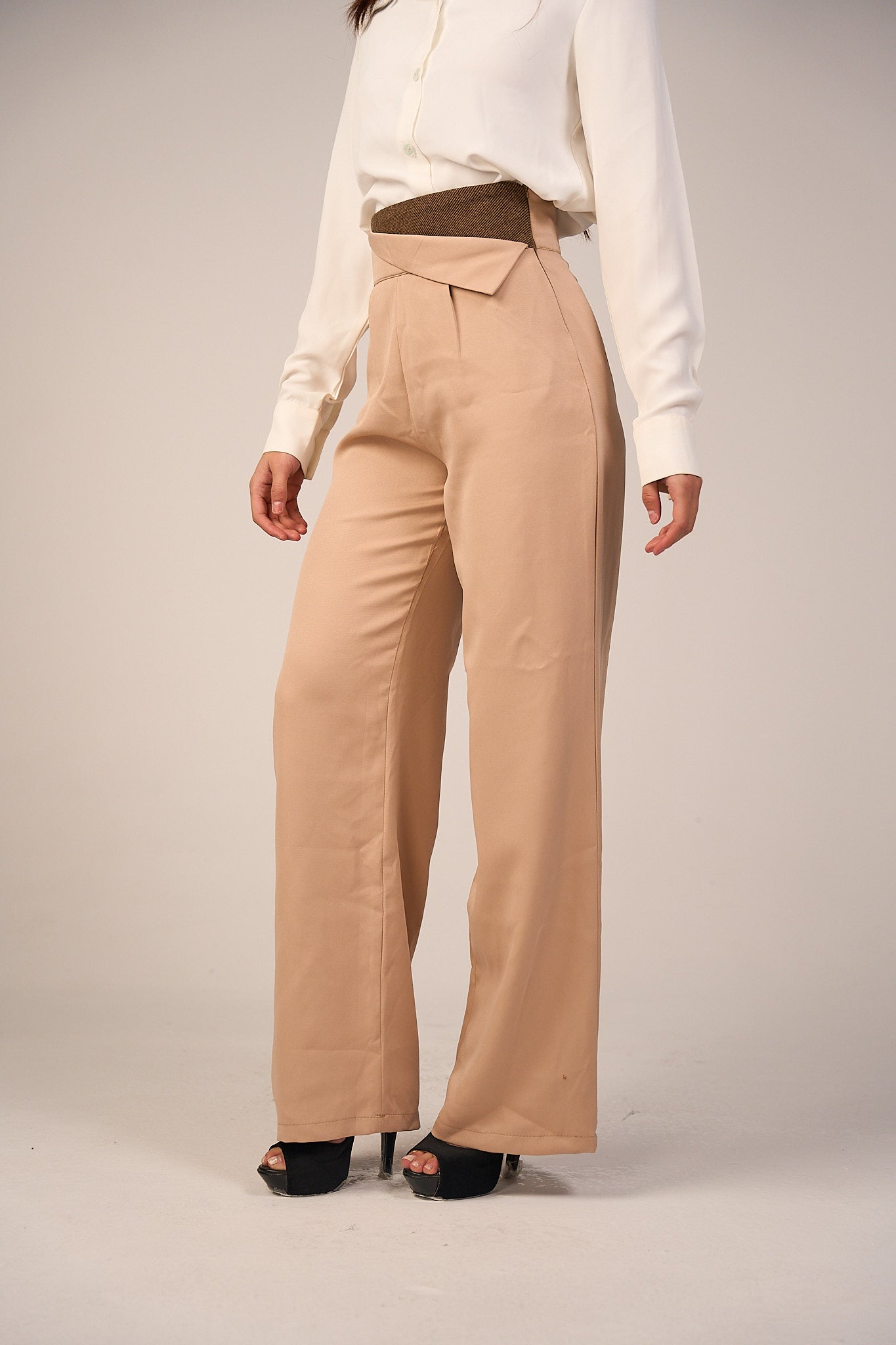 Striped Waistband High Waist Trouser - Beige