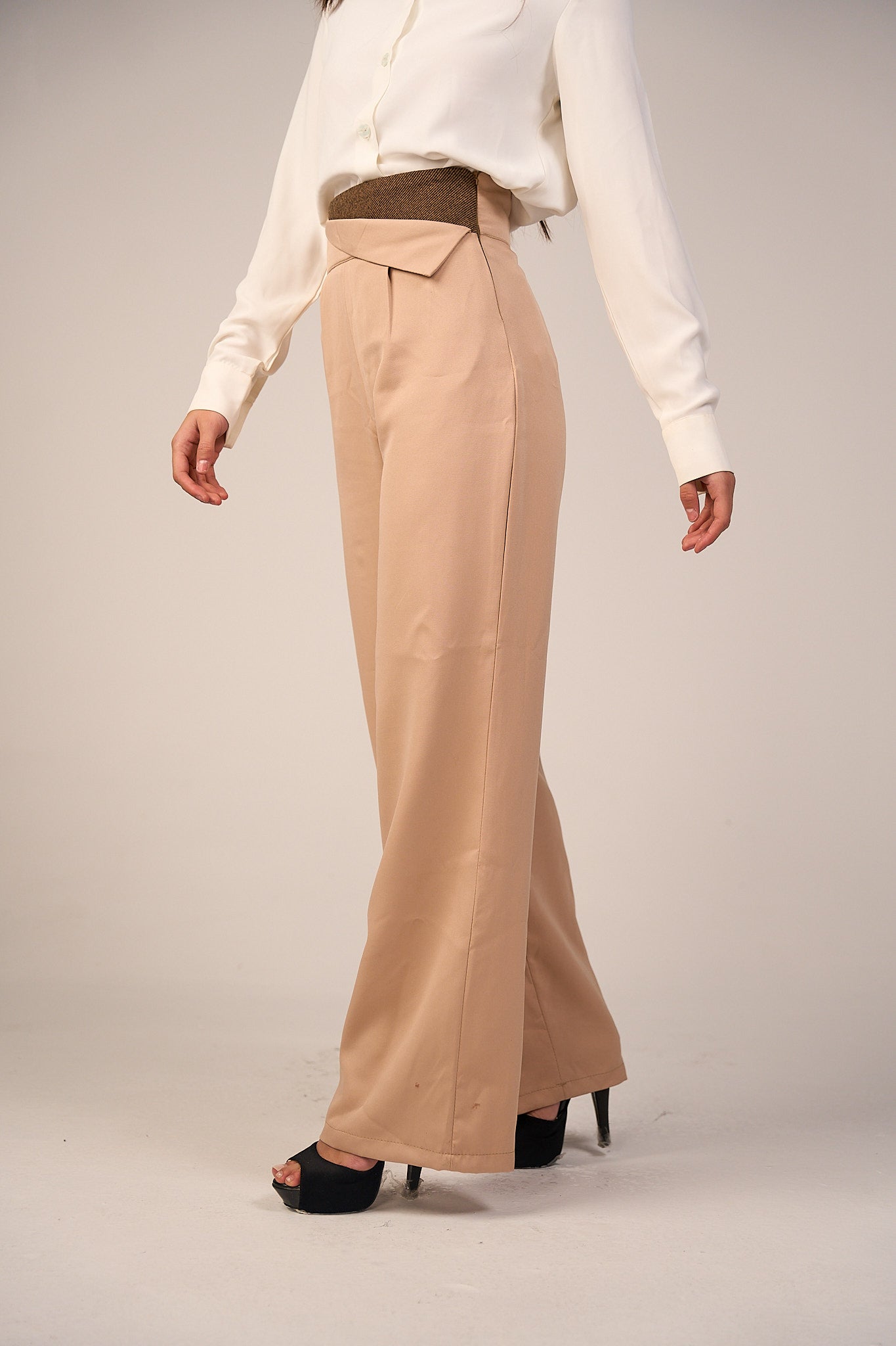Striped Waistband High Waist Trouser - Beige