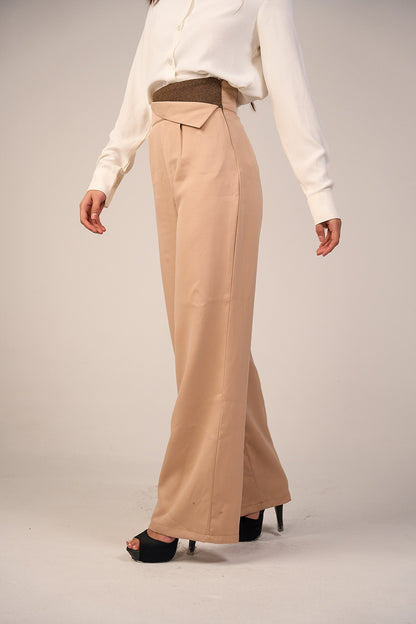 Striped Waistband High Waist Trouser - Beige